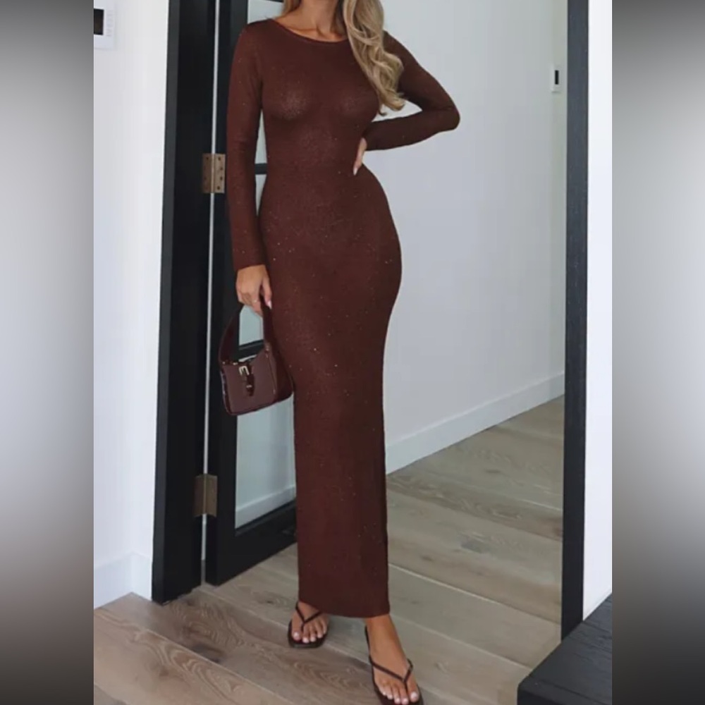 Divine Timing Long Sleeve Sequin Knit Maxi Dress Chocolate